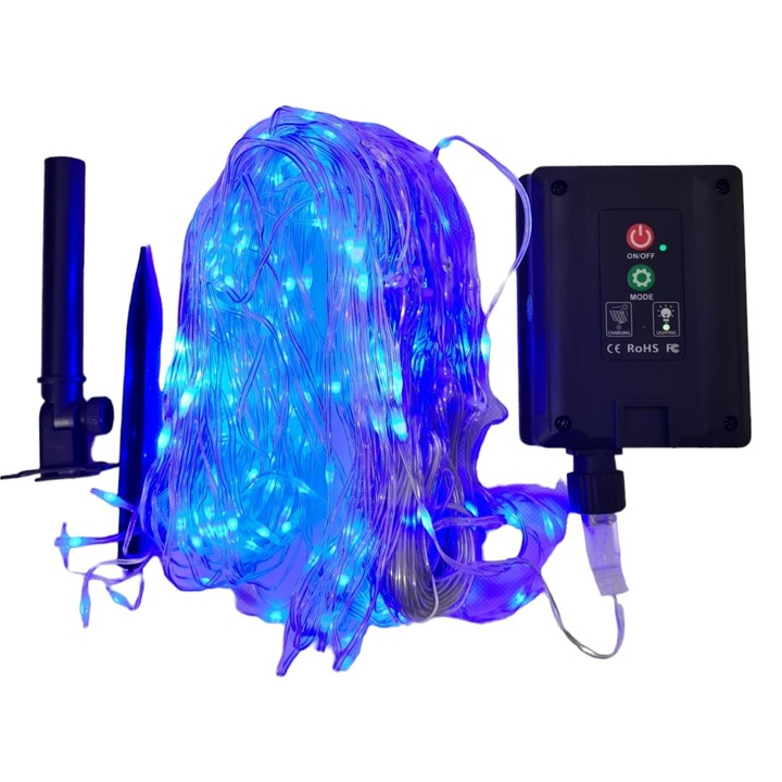 Instalatie luminoasa de Craciun Perdea, 5 m x 1 m, cu incarcare solara, 240 leduri, cu panou fotovoltaic, Albastru