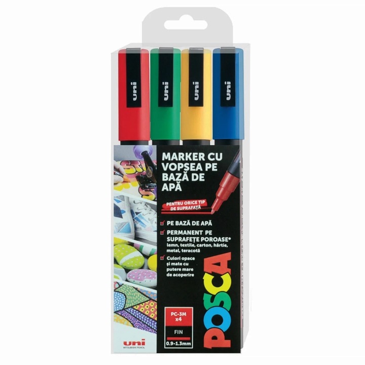 Маркери UNI PC-3M Posca, комплект 4 цвята, 0.9-1.3 мм, кръгъл връх