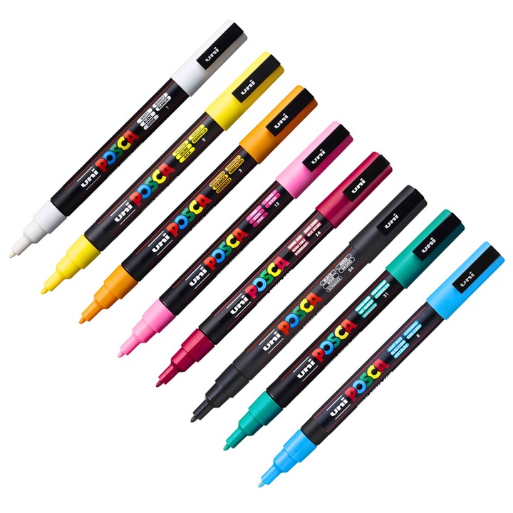 Marker UNI PC-3M Posca, set 8 culori, 0.9-1.3 mm, varf rotund