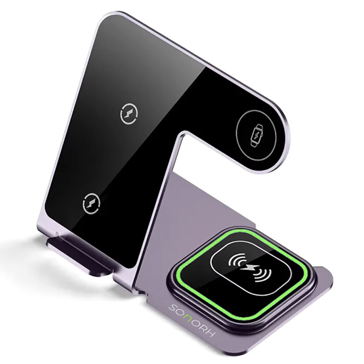 SONORH® 3 в 1 безжична зарядна станция – Бързо зареждане 15W, MagSafe, за iPhone, Smart Watch и AirPods/Pro, Samsung, Huawei, Алуминий, Черен