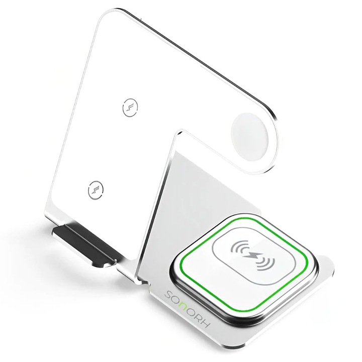 SONORH 3 в 1 безжична зарядна станция – бързо зареждане 15W, MagSafe, за iPhone, смарт часовник и AirPods/Pro, Samsung, Huawei, алуминий, бял