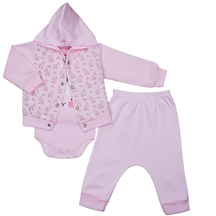 Compleu 3 Piese, Pentru Bebelusi Fetite,"Princess", Jacheta Cu Gluga, Body Si Pantaloni Lungi, Bumbac, Roz