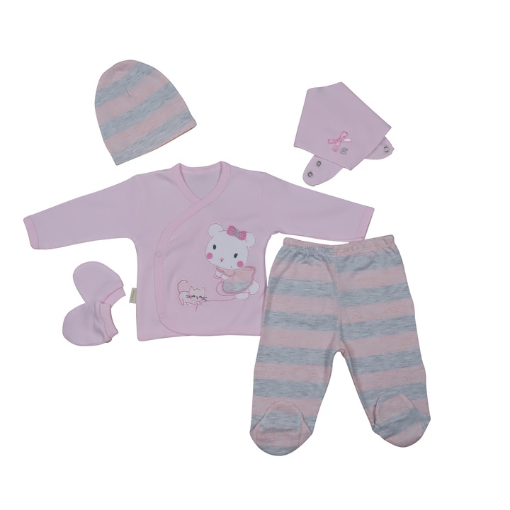 Set 5 Piese, Pentru Bebelusi Fetite,"Baby Joy", Bluza Cu Maneca Lunga, Pantaloni Lungi, Caciulita, Bavetica Si Manusi, Bumbac, Roz, 62 CM