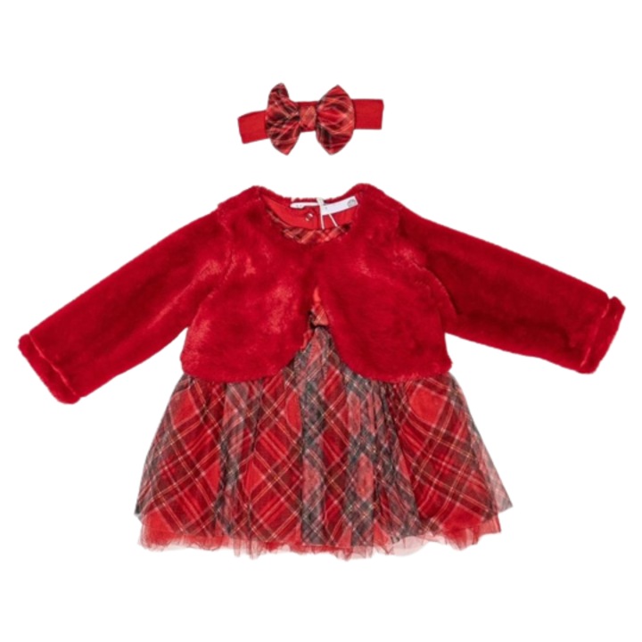 Compleu elegant 3 piese, blanita rosie, rochie fara maneci in carouri si bentita