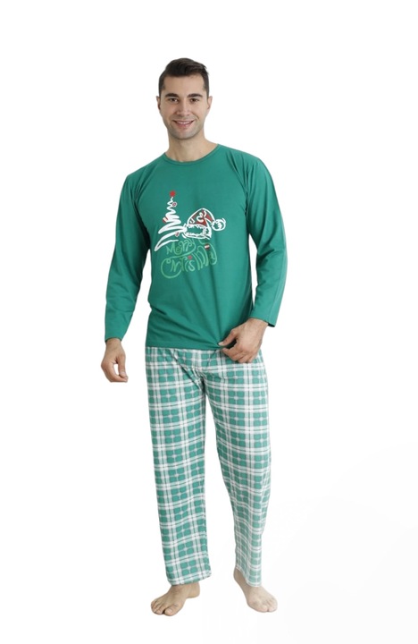 Karácsonyi modell férfi pizsama, hosszú nadrág, hosszú ujjú blúz, Green M