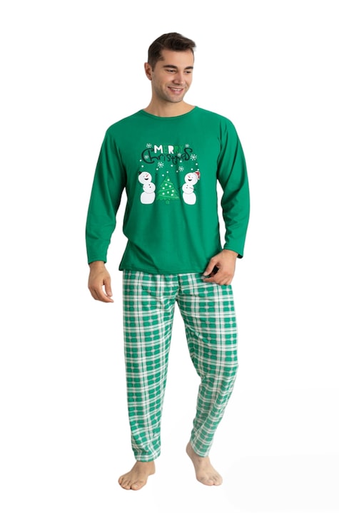 Férfi karácsonyi pizsama, hóember mintás, Zöld, L