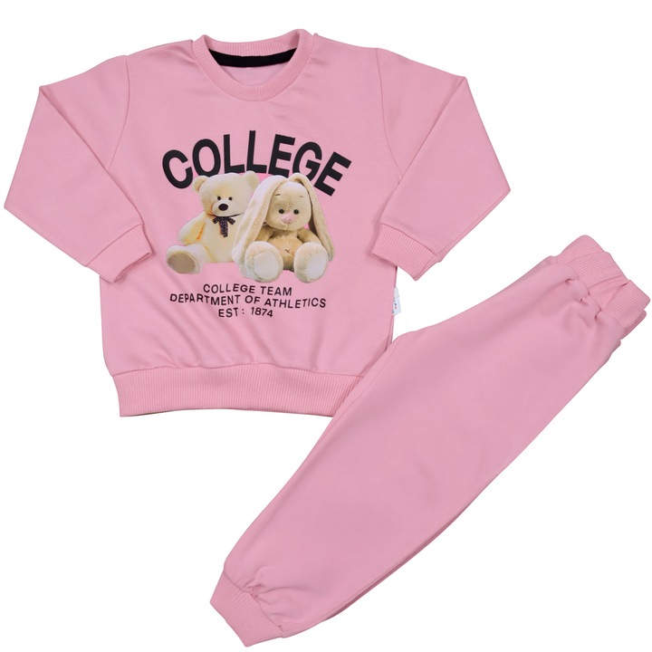 Trening 2 Piese, Pentru Copii "College" Bluza Cu Maneca Lunga Si Pantaloni Lungi, Roz