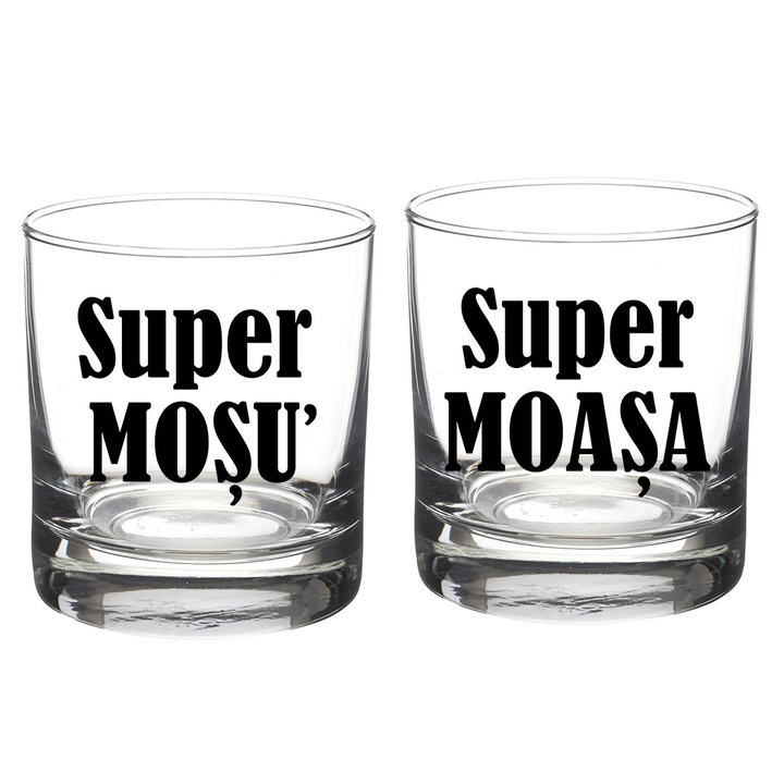 Set 2 pahare personalizate pentru mosi botez, Super moasa, Super mosu, 280 ml