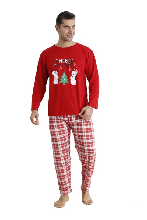 Férfi karácsonyi pizsama, hóember mintás, Piros, L