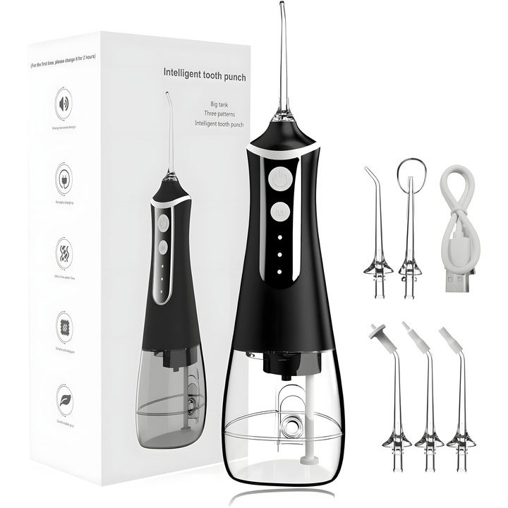 BLEKSY professzionális szájöblítő a fogak és az íny tisztításához, eltávolítja a fogkövet, vezeték nélküli, ergonómikus, hordozható, 3 nyomásfokozat, 300 ml-es tartály, 5 intradentális hegy mellékelve, fekete