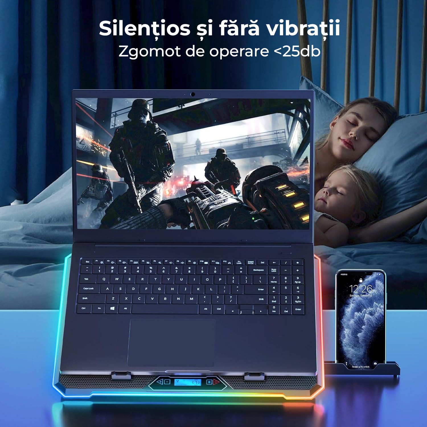 Cooler Laptop Gaming RGB Elindor® Suport cu Inaltime Reglabila pe