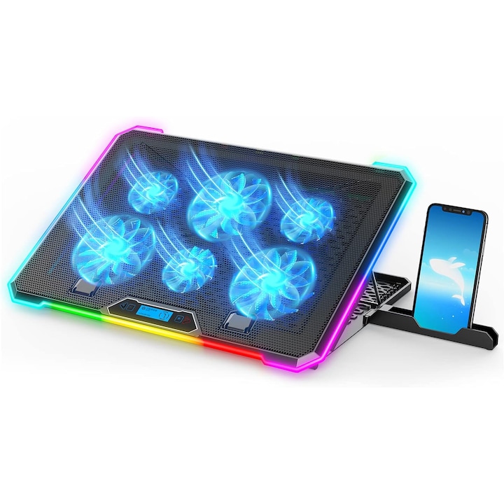 Cooler Gaming RGB Profesional pentru Laptop, 15.6-17.3 inch, cu 9 trepte de inaltime, Lumini LED si Ecran LCD, 2 Porturi USB, Negru