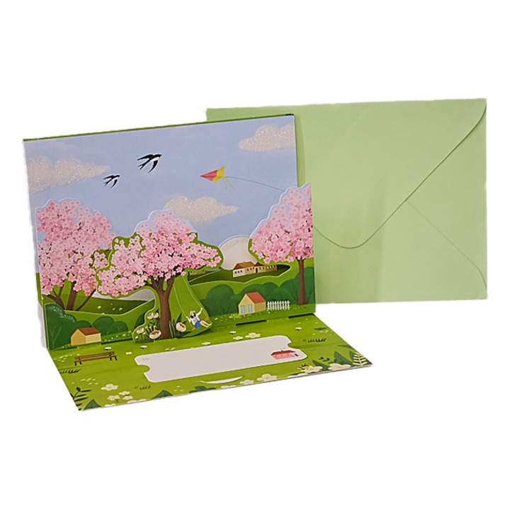 Пролетна изскачаща картичка "Черешови цветове", с включен плик - 18 х 13 см, зелена, кадифе