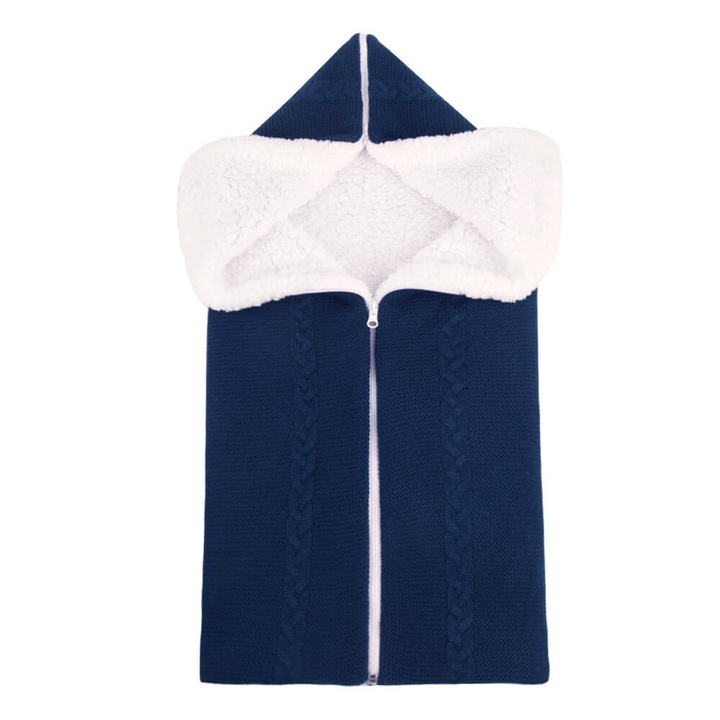 Kötött pamutból és bolyhos cocolino - sötétkék cipzáras babatakaró