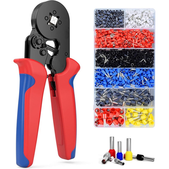 Set 1200 buc pini terminali, ferule, cleste sertizat auto-reglabil cu revenire automata, pentru conductori electrici 0, 50 - 10 mm