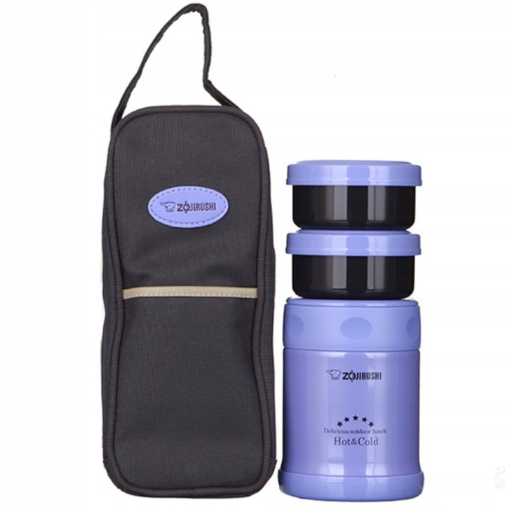 Set termos pentru alimente cu husa si 2 recipiente, Zojirushi, Inox, 350 ml, Mov/Negru