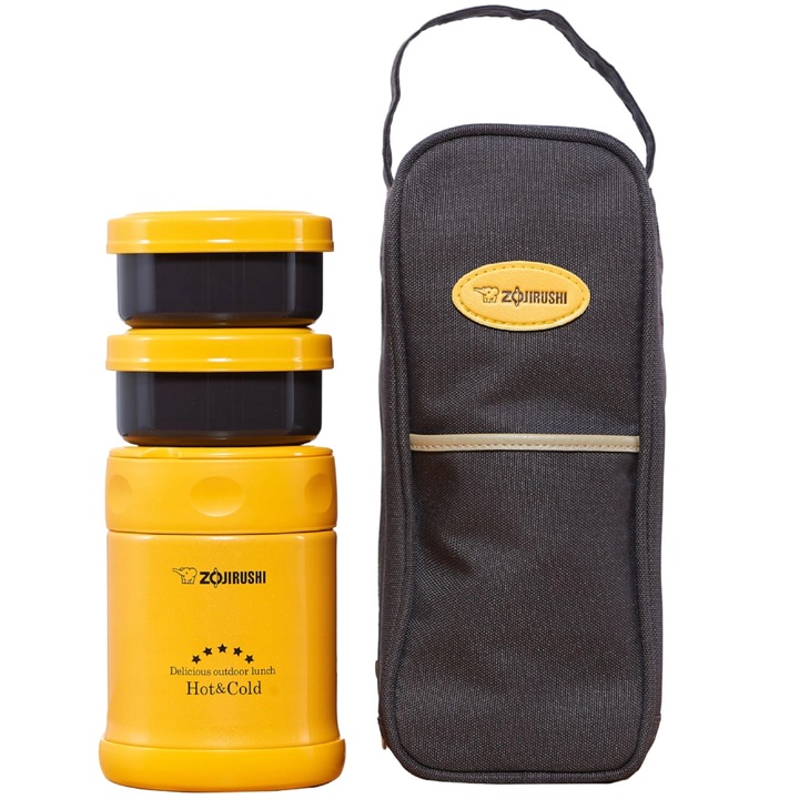 Set termos/Husa, Zojirushi, Inox, 350 ml, Galben/Negru
