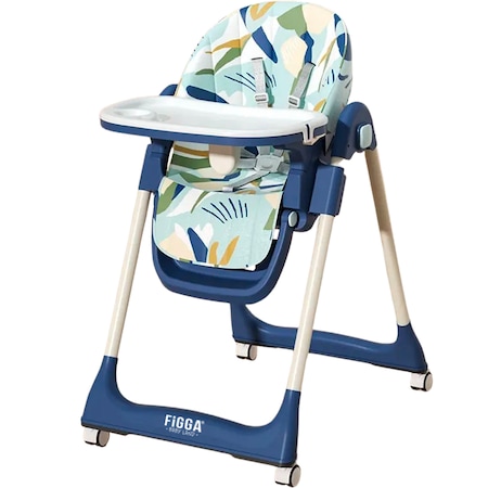 Scaun de masa bebe FiGGA®, Varsta 6-72 luni, Pliabil, Inaltime ajustabila 5 pozitii, 4 roti, Structura otel 32 mm, 2 tavite detasabile, Centura siguranta in cinci puncte, Albastru/Verde