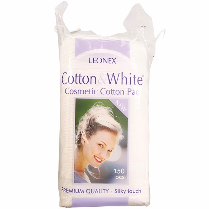 Естествени памучни правоъгълни дискове за премахване на грим, най-високо качество "Cotton & White", чантичка с връзки, 150 части, Leonex