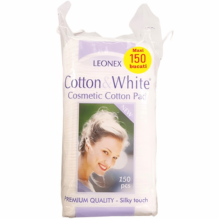 Dischete rectangulare demachiante mari bumbac natural, calitate superioara "Cotton & White", punga cu snur, 150 bucati, Leonex