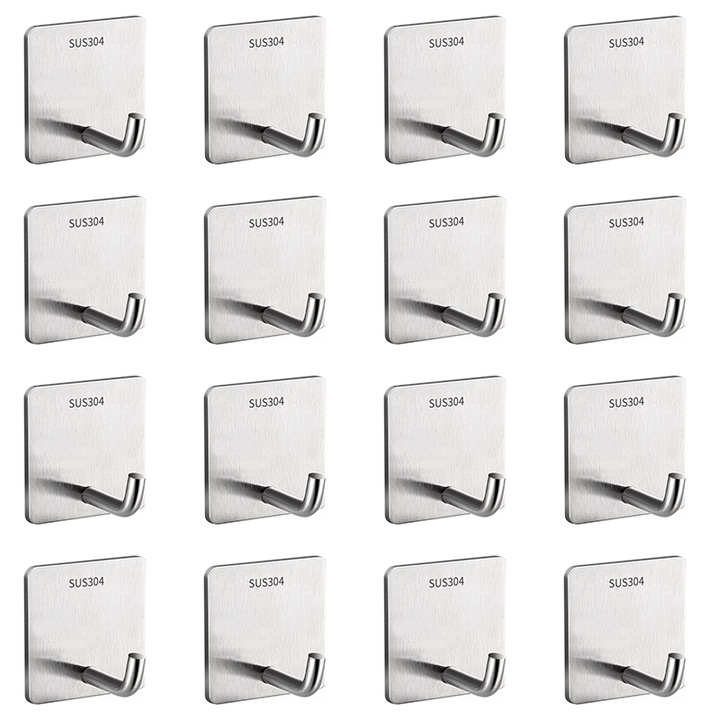 Set 16 carlige adezive, Inox, 4.5 x 4.5cm, Argintiu