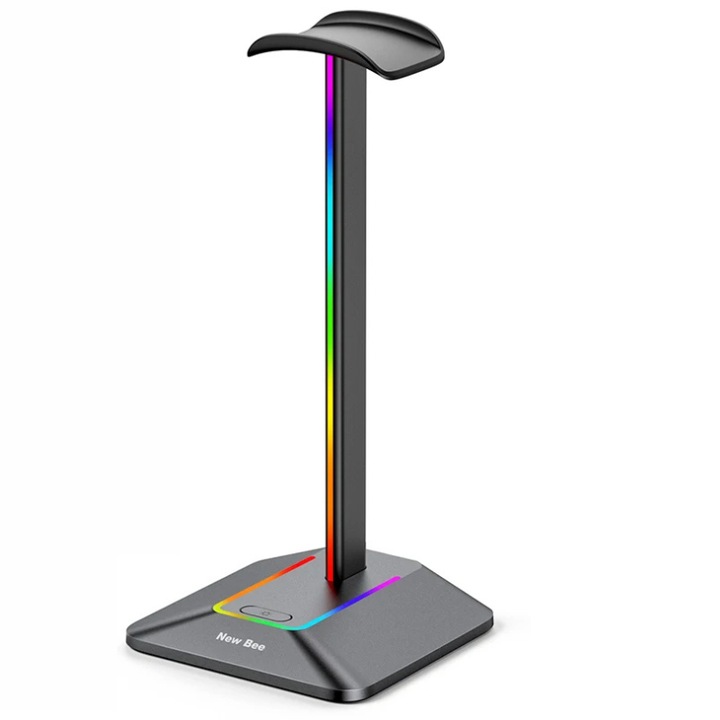 Többfunkciós fejhallgató-állvány RGB környezeti világítással, USB adatátvitelhez és töltéshez, perifériák csatlakoztatásához, játékhoz, irodai, fekete
