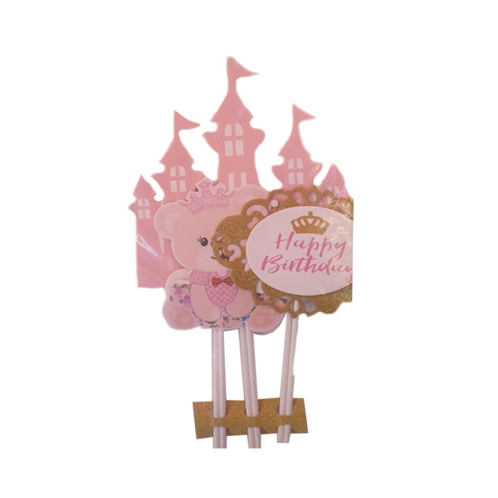 Topper pentru tort aniversare fetite, Happy Birthday Princess, Castel, Roz, Wow Shop Online