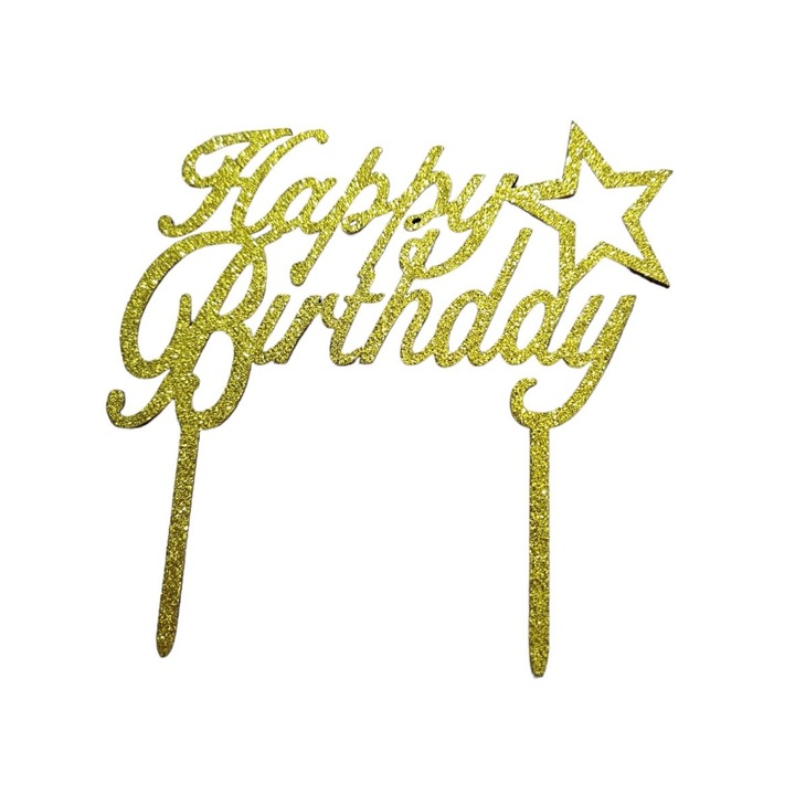 Topper pentru tort, Happy Birthday, Auriu sclipici, Wow Shop