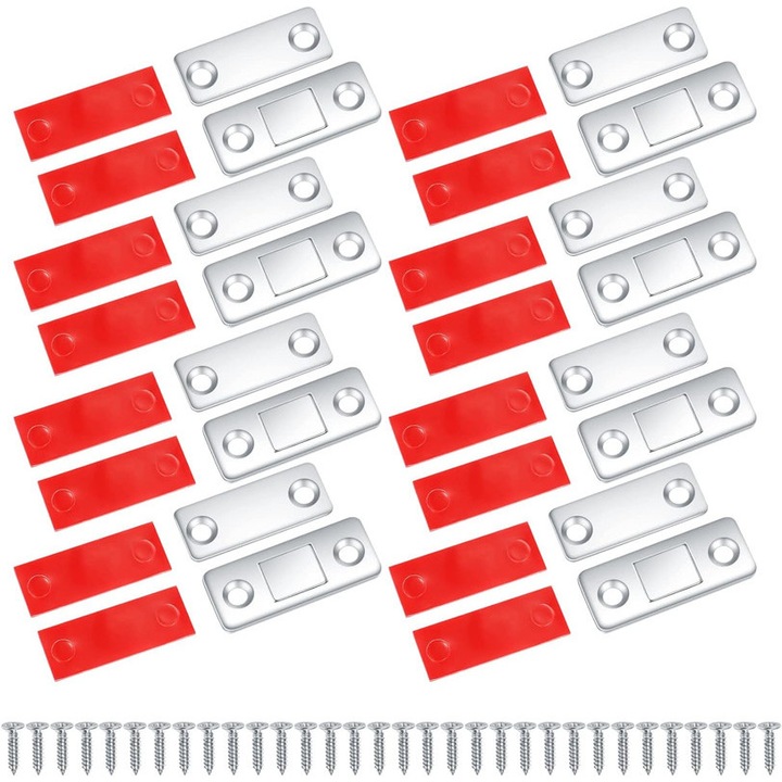 Set de 8 inchizatoare magnetice, JENUOS®, Magneti pentru usa dulap, Cu suruburi, 42x17x2 mm, Argintiu