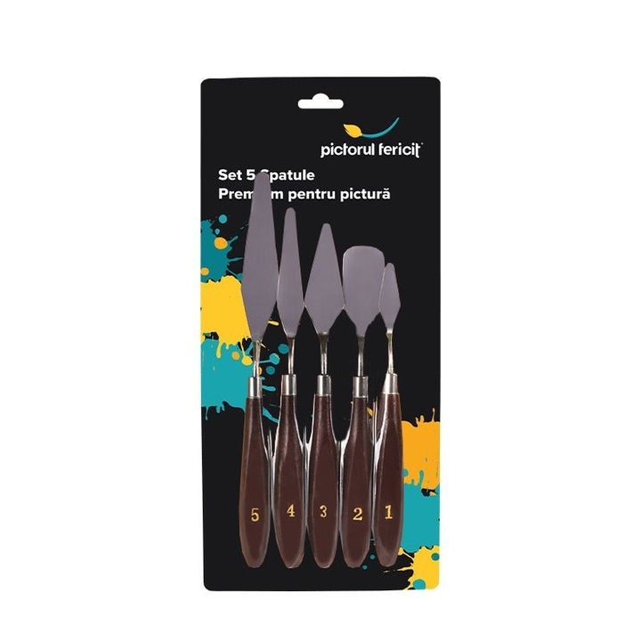 Set 5 spatule pentru pictura, Pictorul Fericit, cutite pentru ulei sau acrilic, numerotate, maner plastic
