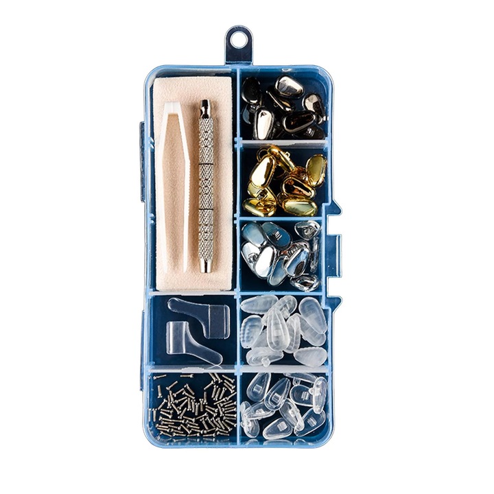 Комплект за ремонт на очила Zggzerg с 25 чифта възглавнички, винтове, отвертки, пластмасови пинсети, нехлъзгащи се куки и кутия за съхранение, 5 вида, лесни за смяна и инсталиране, подходящи за всички видове очила, многоцветни