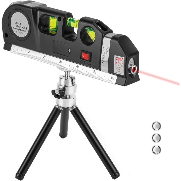 Nivela laser, NUODWELL, 3 bule, ruleta 2.5m si rigla aluminiu 15cm, 4 in 1 Laser, Cu suport, precizie de masurare +/- 1 mm, 3 baterii incluse, negru