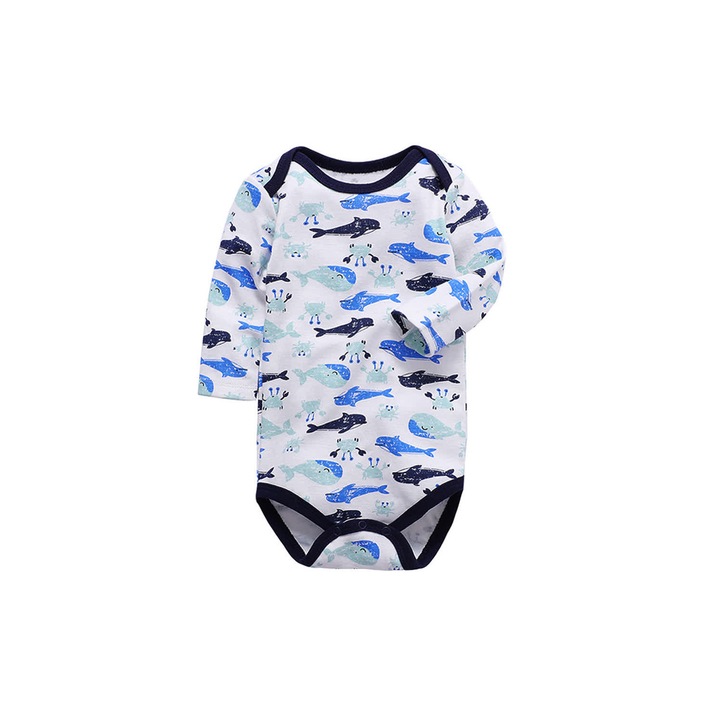 Body cu maneca lunga, baietei, 100% bumbac, alb cu imprimeu.delfini