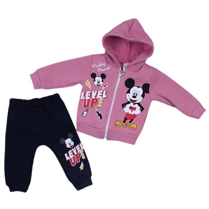 Trening vatuit Mickey, hanorac roz cu gluga, pantaloni bleumarin