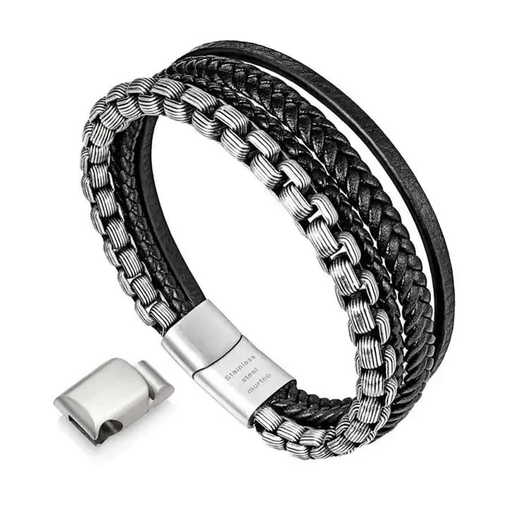 Bratara din piele naturala impletita si otel inoxidabil Vintage cu extensie, lant design cubic, prindere magnet, marime reglabila prin extensie magnetica, Tessero, negru si argintiu