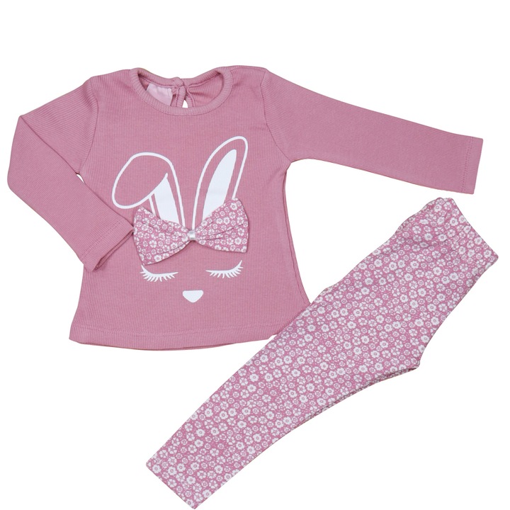 Compleu 2 Piese, Pentru Bebelusi Fetite, "Bunny" Bluza Cu Maneca Lunga Reiata Si Colanti, Roz pudrat