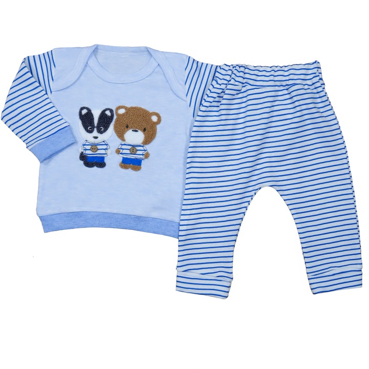 Compleu 2 Piese, Pentru Bebelusi Baieti, "Friends" Bluza Cu Maneca Lunga Si Pantaloni Lungi, Bumbac, Albastru azur
