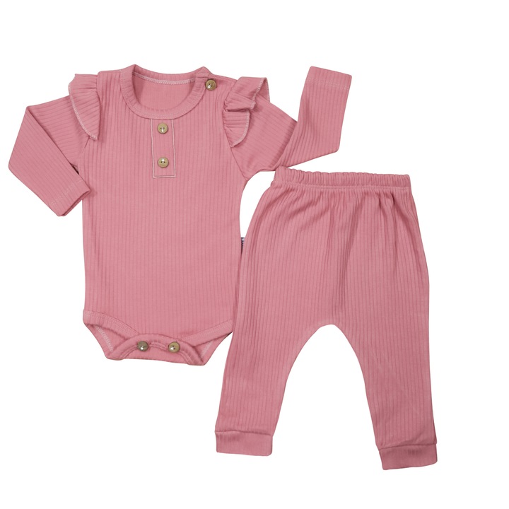 Compleu Reiat 2 Piese, Pentru Bebelusi Fetite, "Teddy" Body Cu Maneca Lunga Si Pantaloni Lungi, Bumbac, Violet tyrian