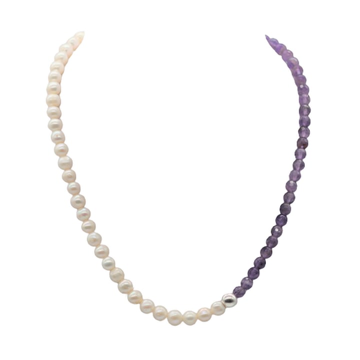 Colier din perle naturale si pietre semipretioase ametist, argint 925, model asimetric, 45 cm