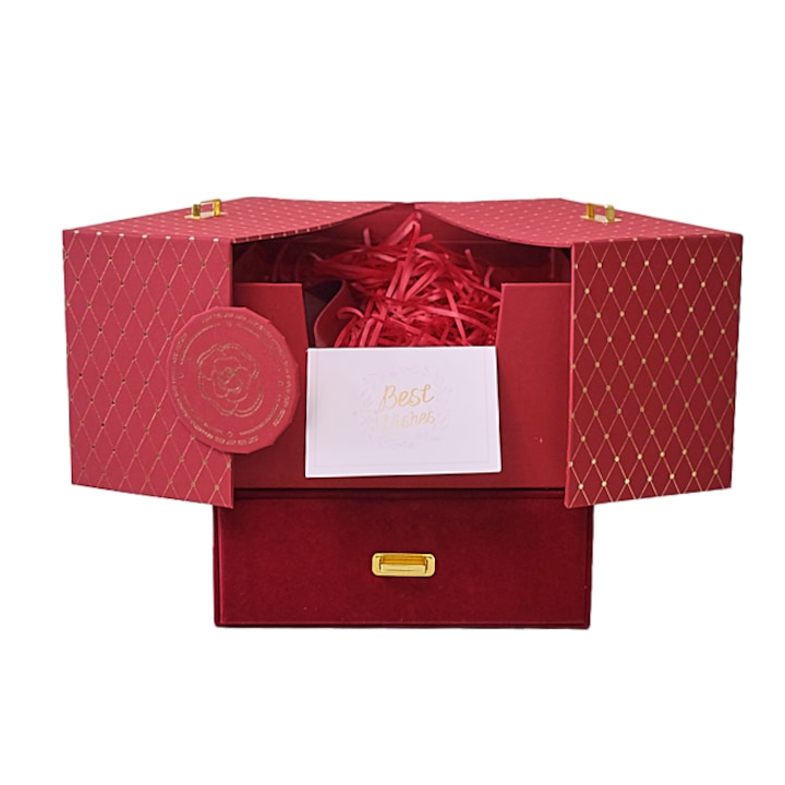 Подаръчна кутия, Message Card, кадифе с отделение тип чекмедже, Червена, 18, 5x19x19, 5 см, Velve