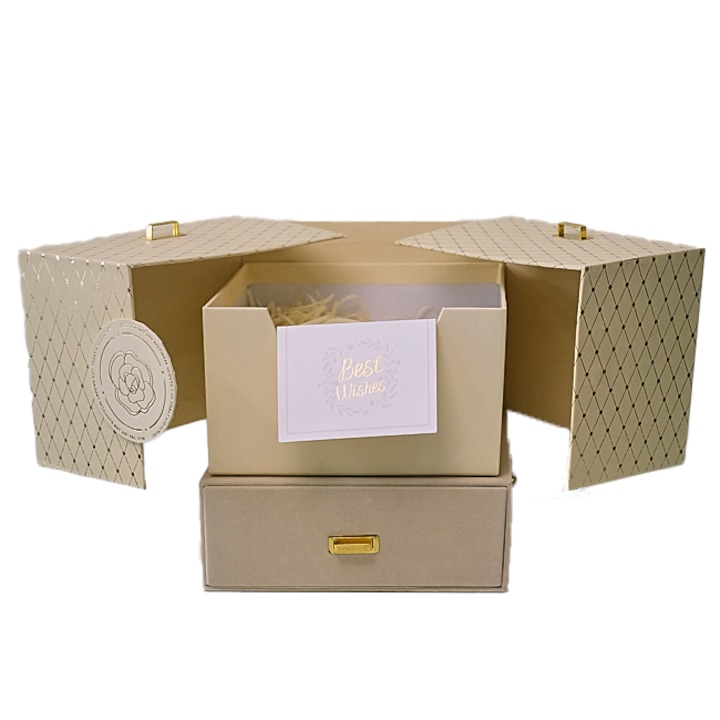 Подаръчна кутия, Картичка с послание, кадифе с отделение тип чекмедже, Кремава, 18, 5x19x19, 5 см, Velve