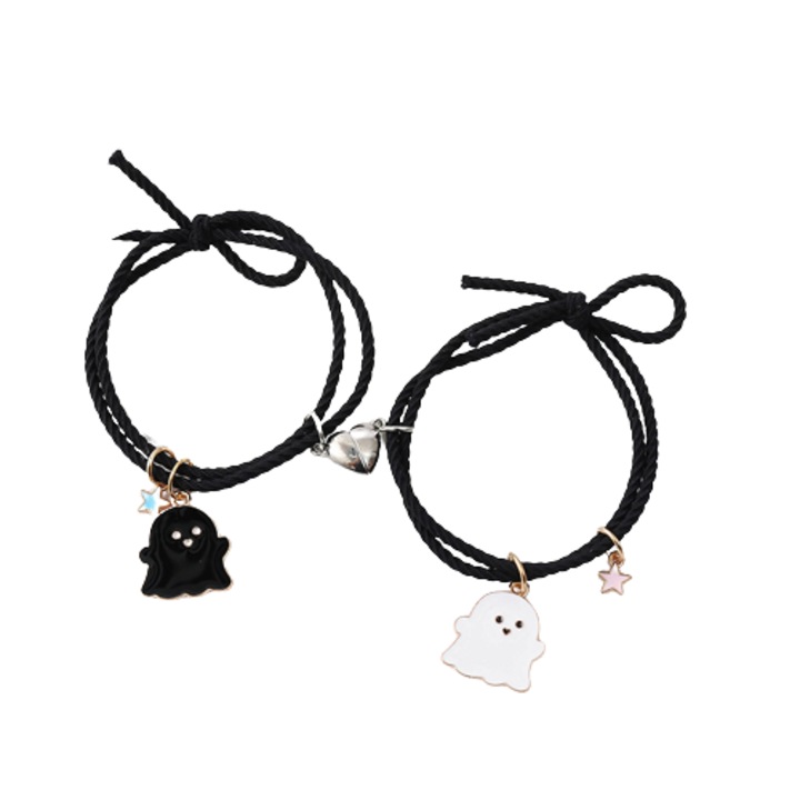 Set de doua bratari cu magnet tip snur pentru prieteni, lucrata manual, charm-uri animate cu fantome si stelute, Best friends, marime reglabila, Tessero, negru