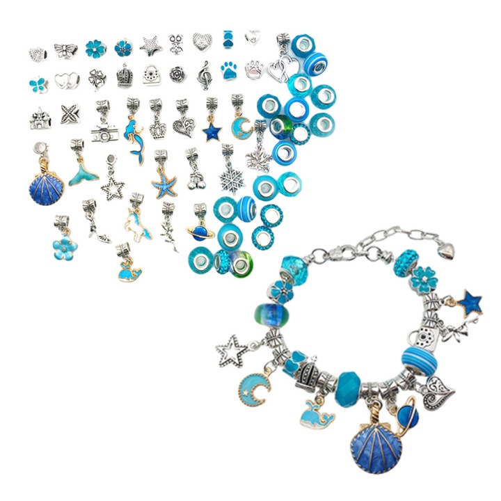 Set de bijuterii cutie, bratara manuala DIY, albastru, 63 buc