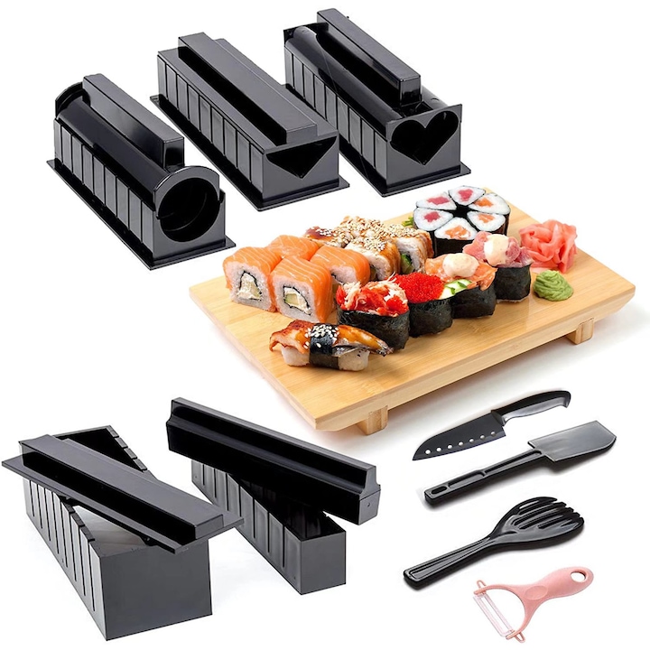 Set preparare sushi, Sunmostar, Plastic, 12 accesorii, Negru