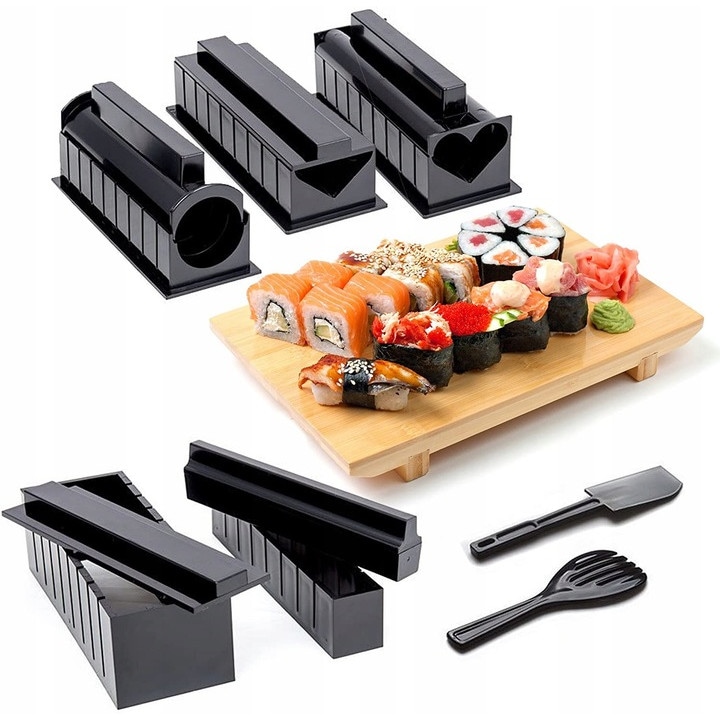 Set preparare sushi, Sunmostar, Plastic, 10 accesorii, Negru