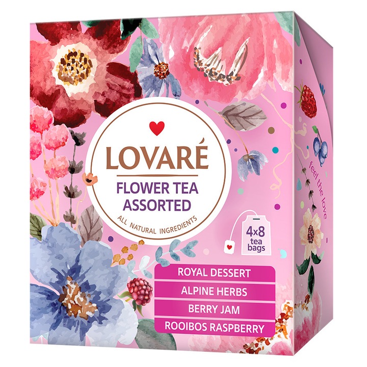 Чай Lovare Flower Tea Assorted, Плодов, 4 вида х 8 броя