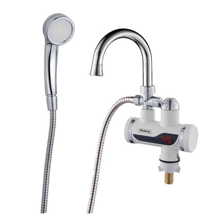 Нагревател за вода с душ Rosberg R57100CWS, 3300W, До 60C, Душ-слушалка, Бял