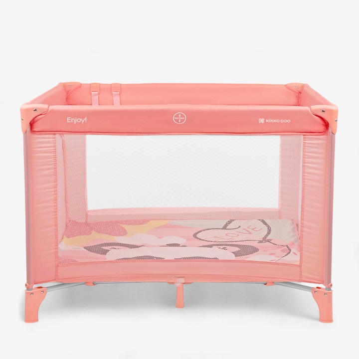 Детска кошара KikkaBoo Enjoy Pink Panda 2023 с компактно сгъване, голяма врата за достъп с цип, мек сгъваем матрак, рингове и чанта за пренасяне включени
