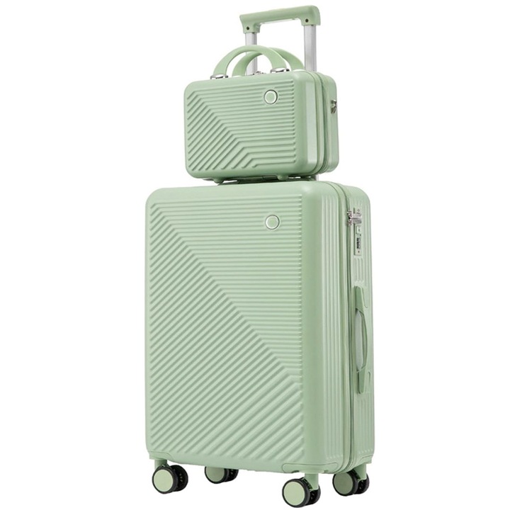 Комплект куфар с козметична чанта, Quasar & Co., TSA шифър, 4 колела 360 градуса, телескопична дръжка, 55 x 39 x 23 cm / 22 x 29 x 15 cm, ABS, Шам фъстък зелено