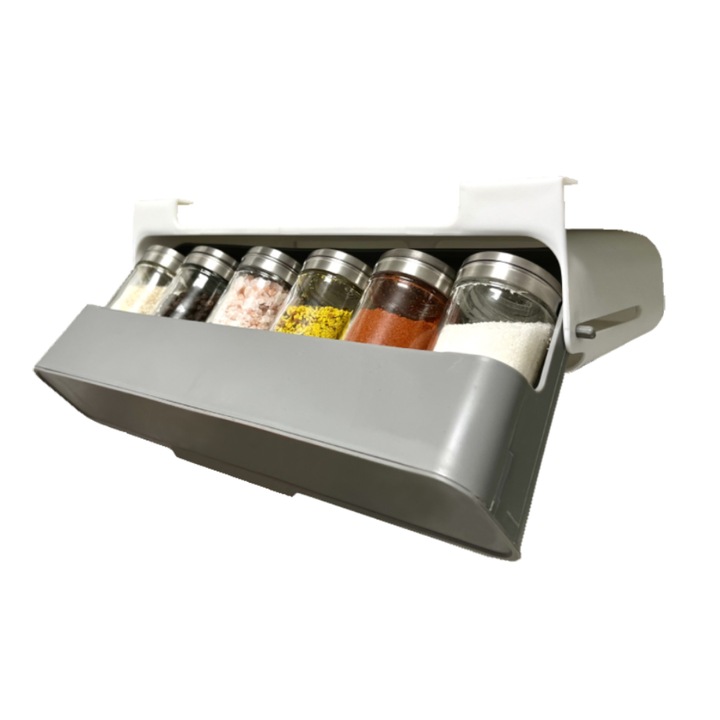 Organizator condimente suspendabil, cu 6 recipiente din sticla cu capac metalic, 32x13.5x8.5 cm